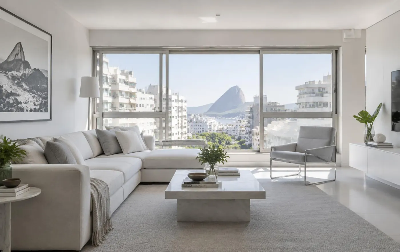 Sala de apartamento no Rio com janelas de alumínio